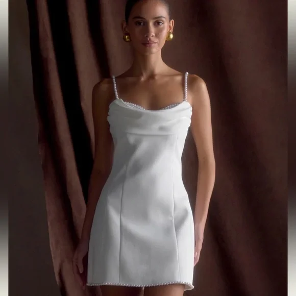 MESHSKI White Dress with Pearl Straps and Bra - Picture 1 of 3